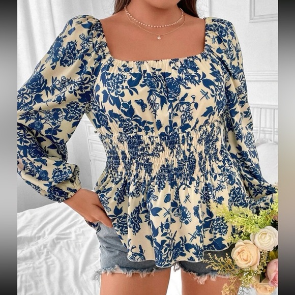 Boho black floral print square lantern sleeve blouse - Picture 8 of 15